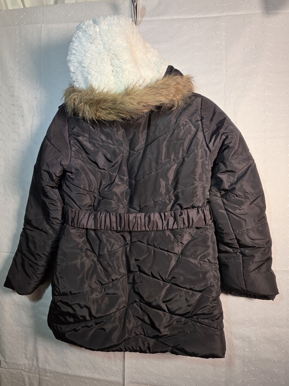 Girls' Black Puffer Coat with Faux Fur Hood
